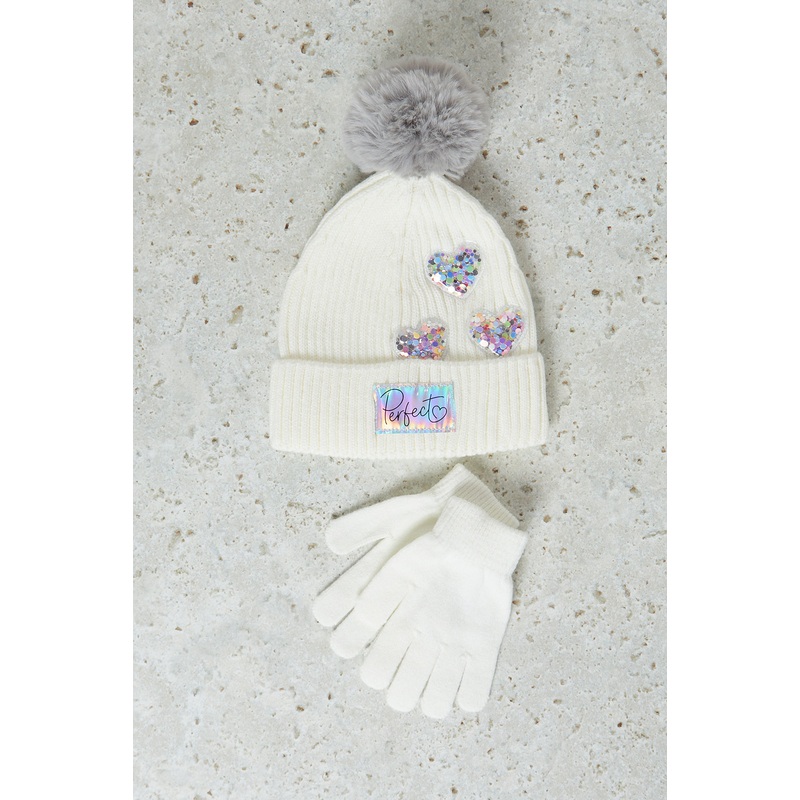 Girls White Embellished Icecap With Gloves Set (2 Piece)