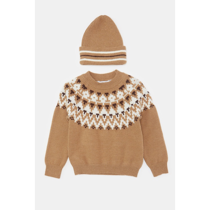Infant Boys Brown Knitted Pullover With Cap Set (2 Piece)
