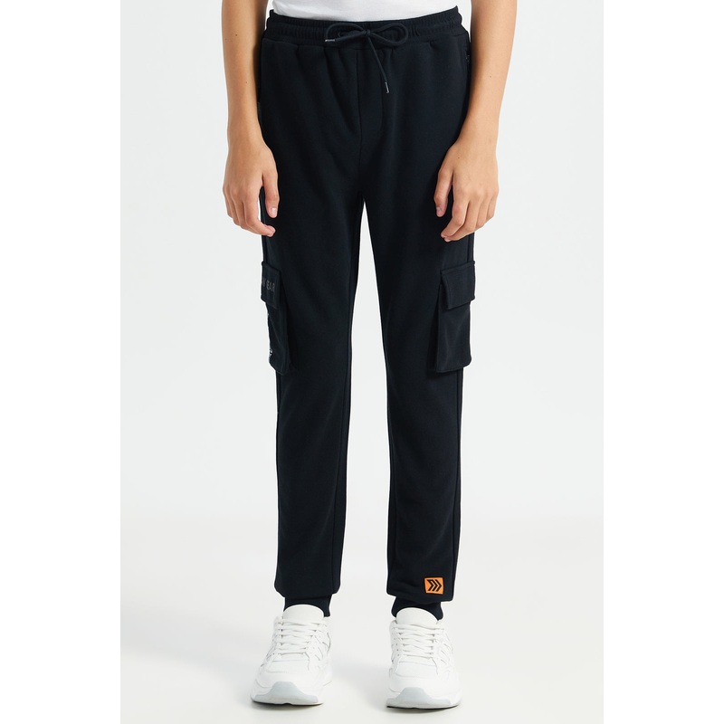 Senior Boys Black Reflective Print Cargo Active Pants