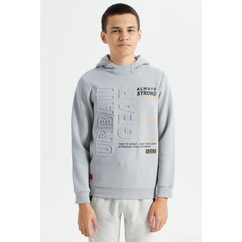 Senior Boys Grey Embossed Hooded Sweatshirt