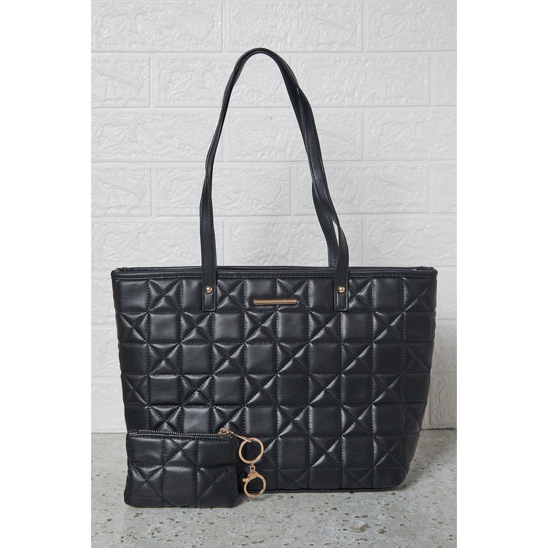 Women Black Quilted Tote Bag With Small Coin Pouch