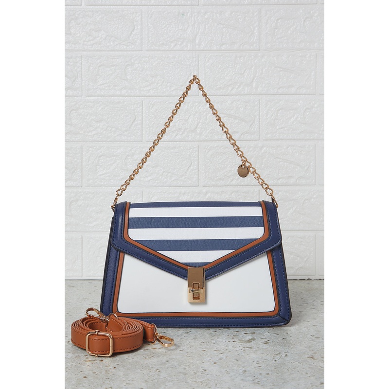 Women Blue And  White Stripe Flap Messenger Hand Bag