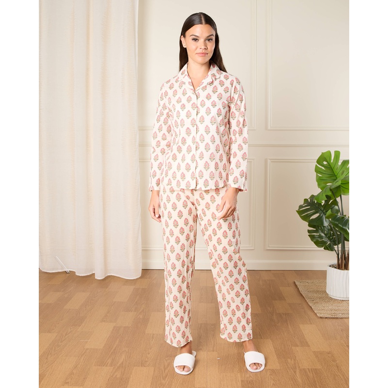 Women Cream Printed Pyjama Set (2 Piece)