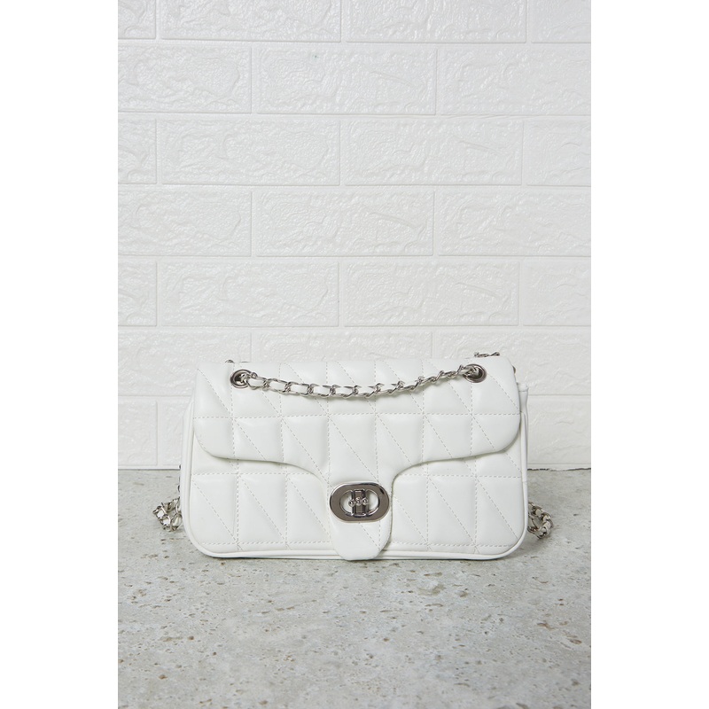 Women White  Flap Messenger Bag With Embellished Chain