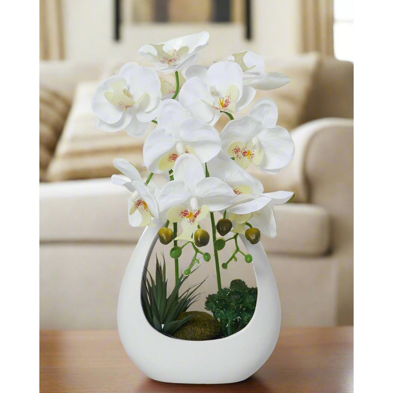 Artificial White  Orchid Flower In Ceramic Vase