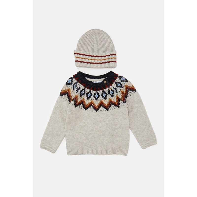 Infant Boys Ecru Knitted Pullover With Cap Set (2 Piece)