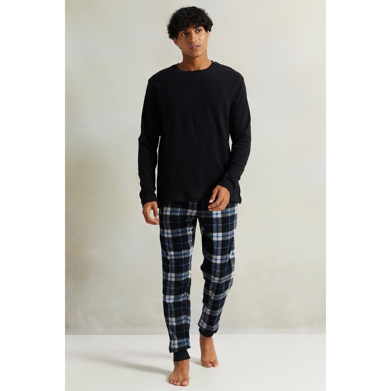 Men Black Fleece Checkered Pyjama Set (2 Piece)