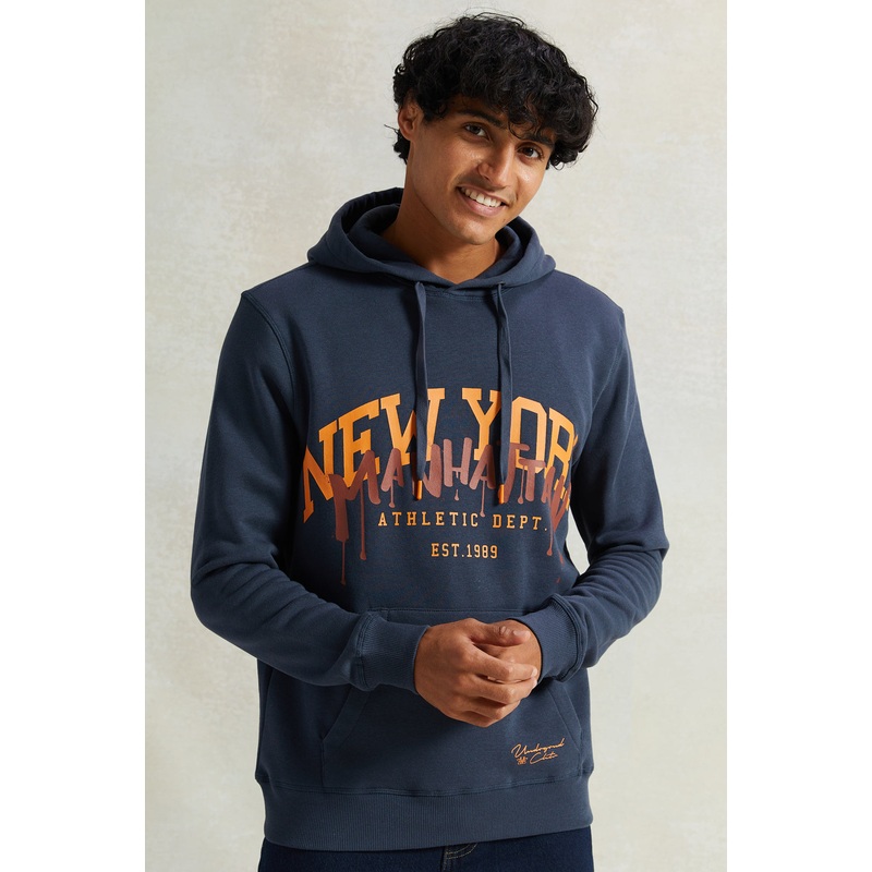 Men Grey New York Print Hoodie