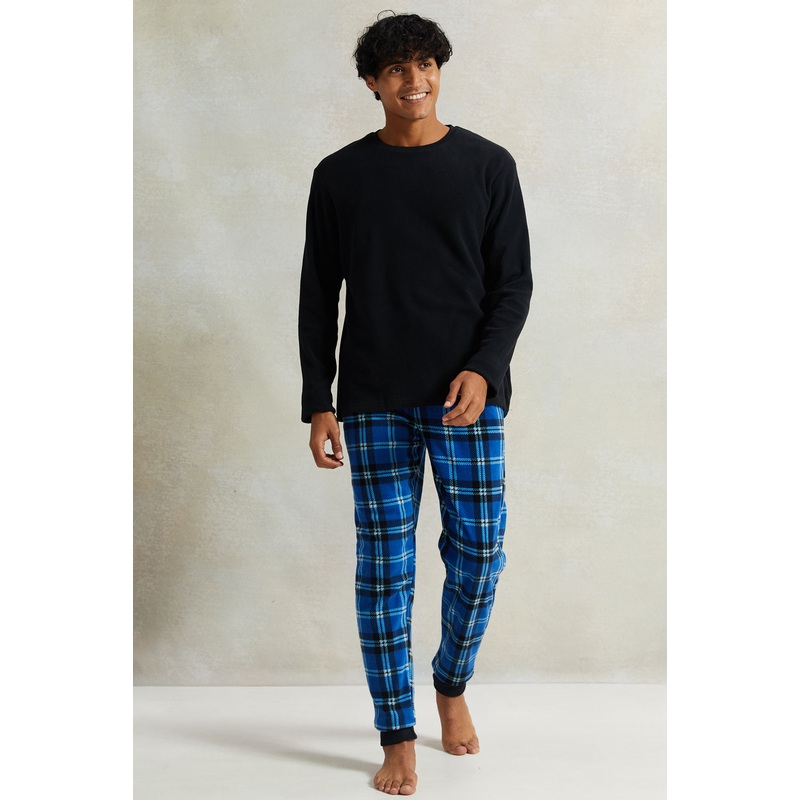 Men Navy Chekered Fleece Lounge Set (2 Piece)
