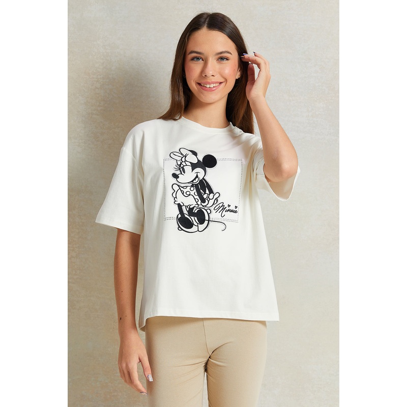 Senior Girls Beige Minnie Mouse Embellished T-Shirt