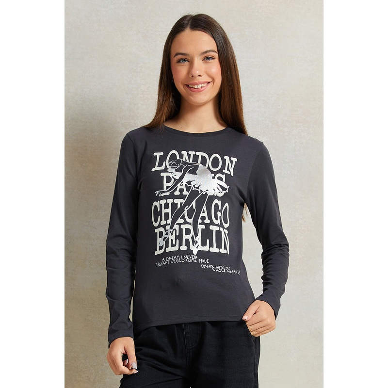 Senior Girls Charcoal Embellished T-Shirt