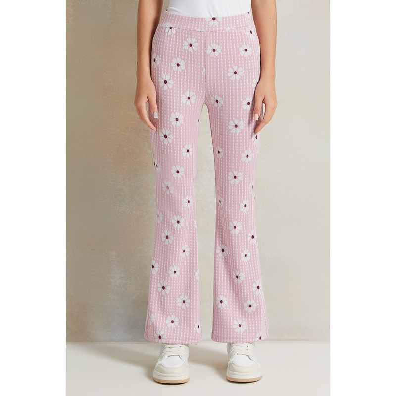 Senior Girls Pink Flared Jacquard Printed Tousers