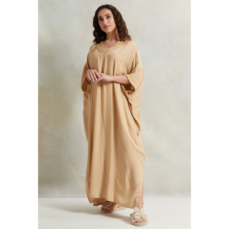 Women Beige Embroidery Kaftan Nightgown