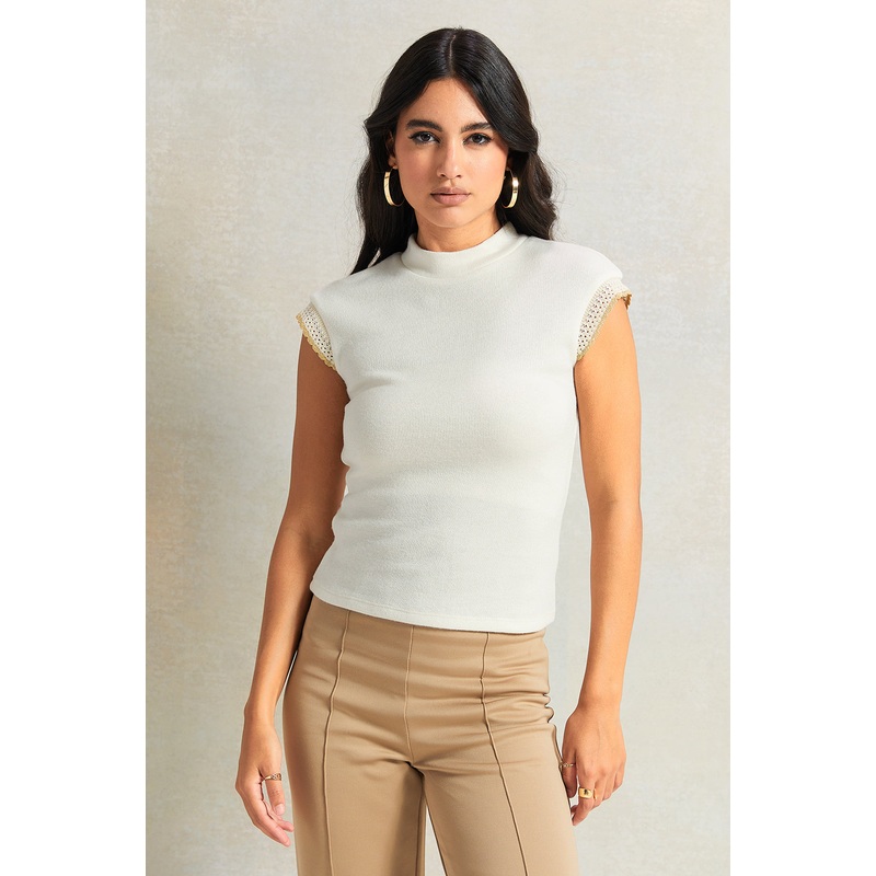 Women Beige Trim Detailed Top|UK8|UK10|UK12|UK14|UK16|UK18