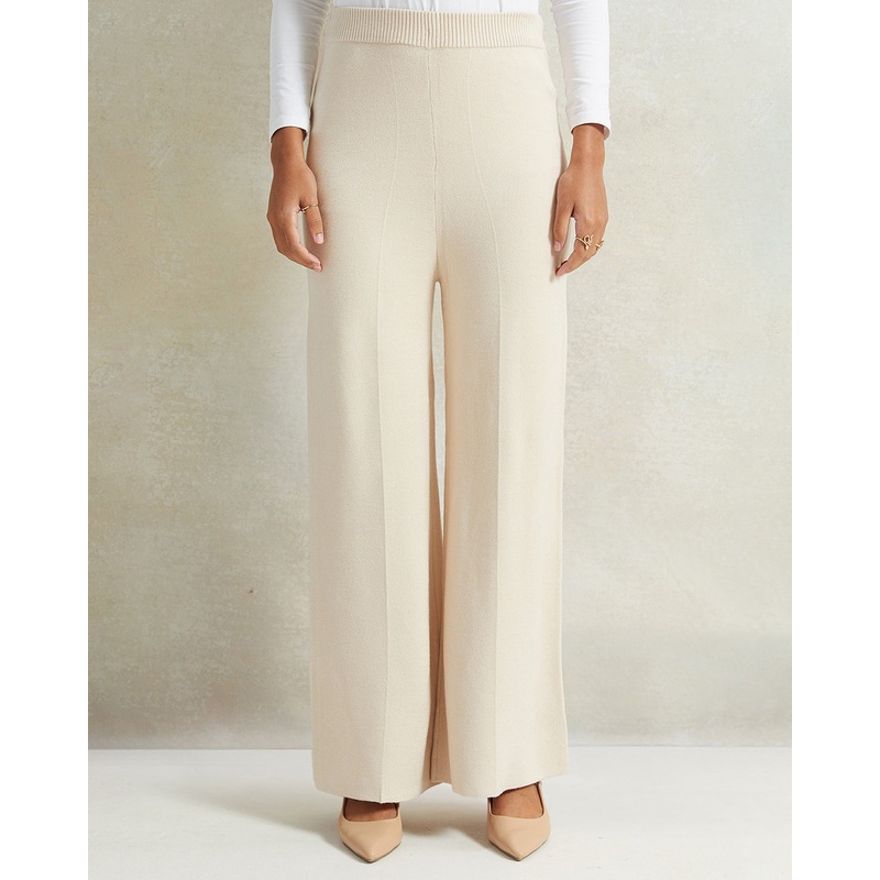 Women Beige Wide Leg Knit Trouser