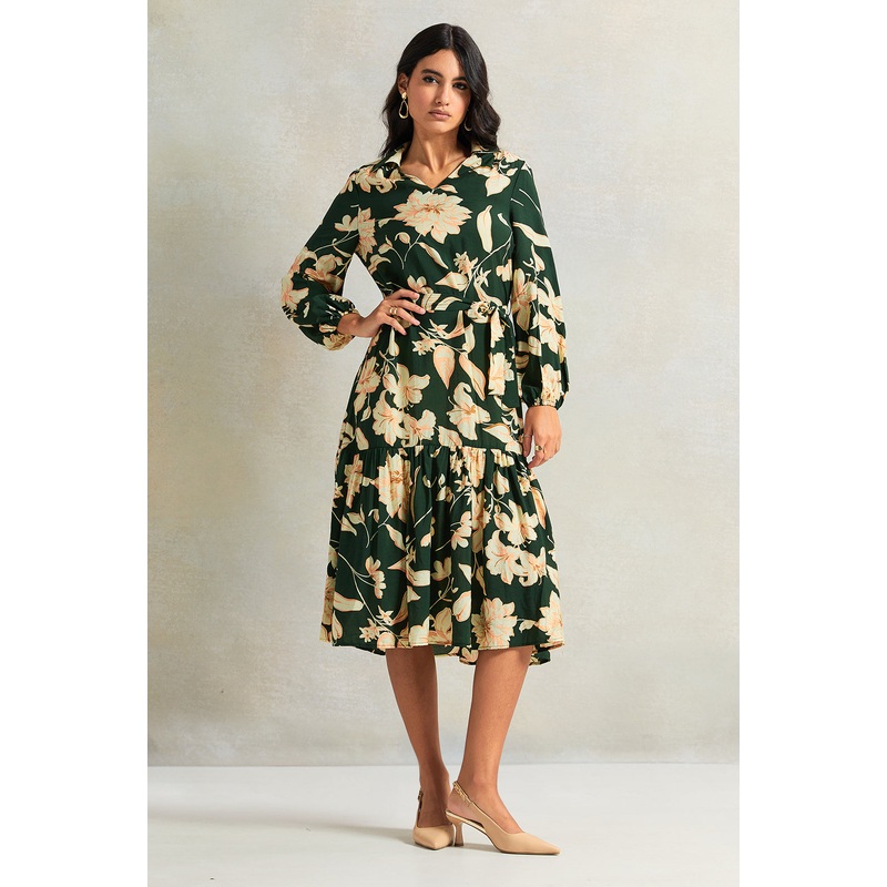 Women Green Printed Long Sleeve Dress