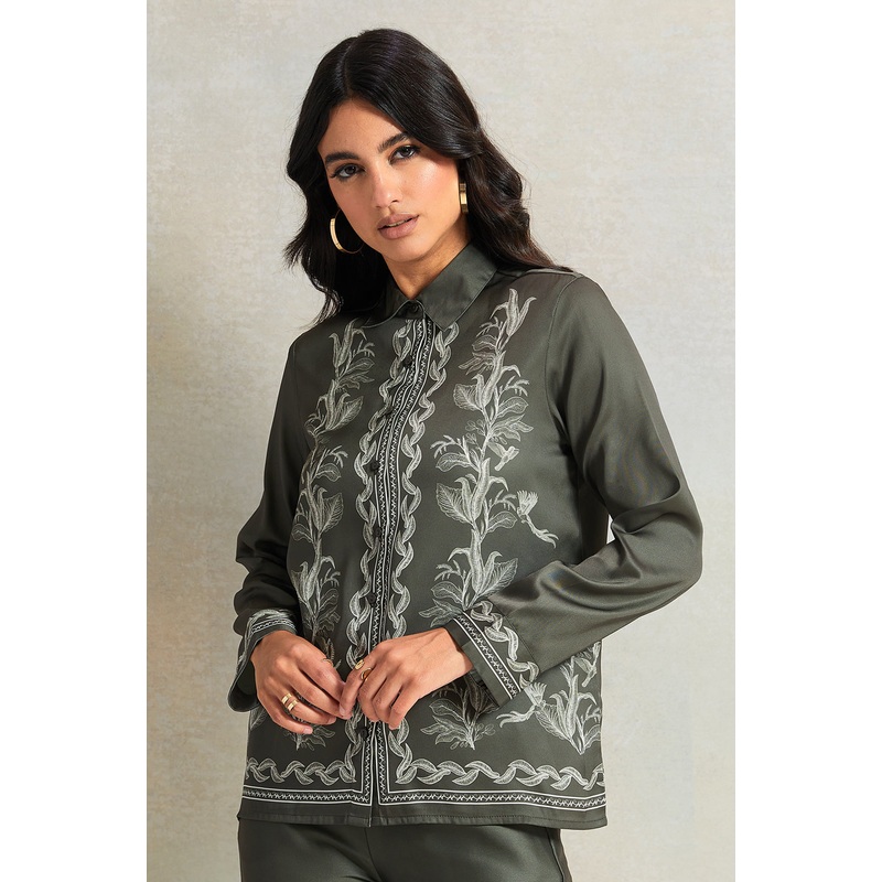 Women Olive Embroidered Blouse