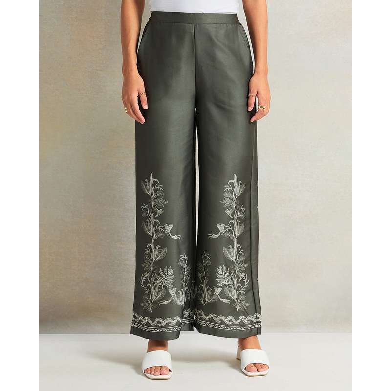 Women Olive Embroidered  Wide Leg Trouser
