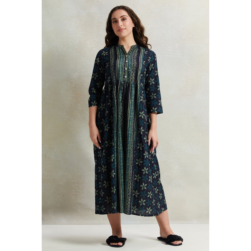 Women Olive Embroidery Printed Nightgown