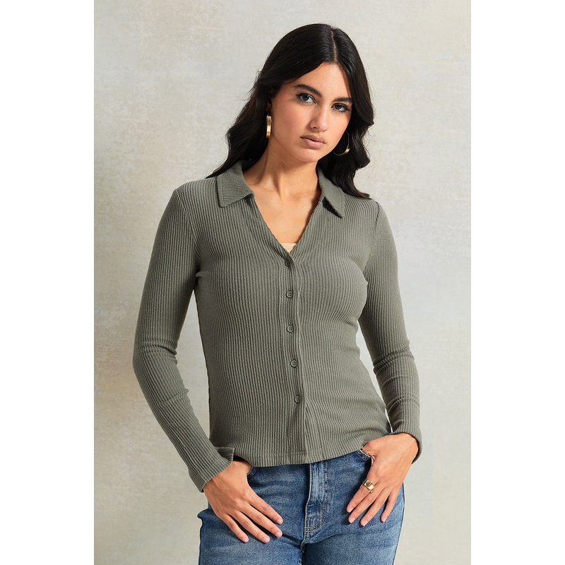 Women Olive Long Sleeve Knitted Top