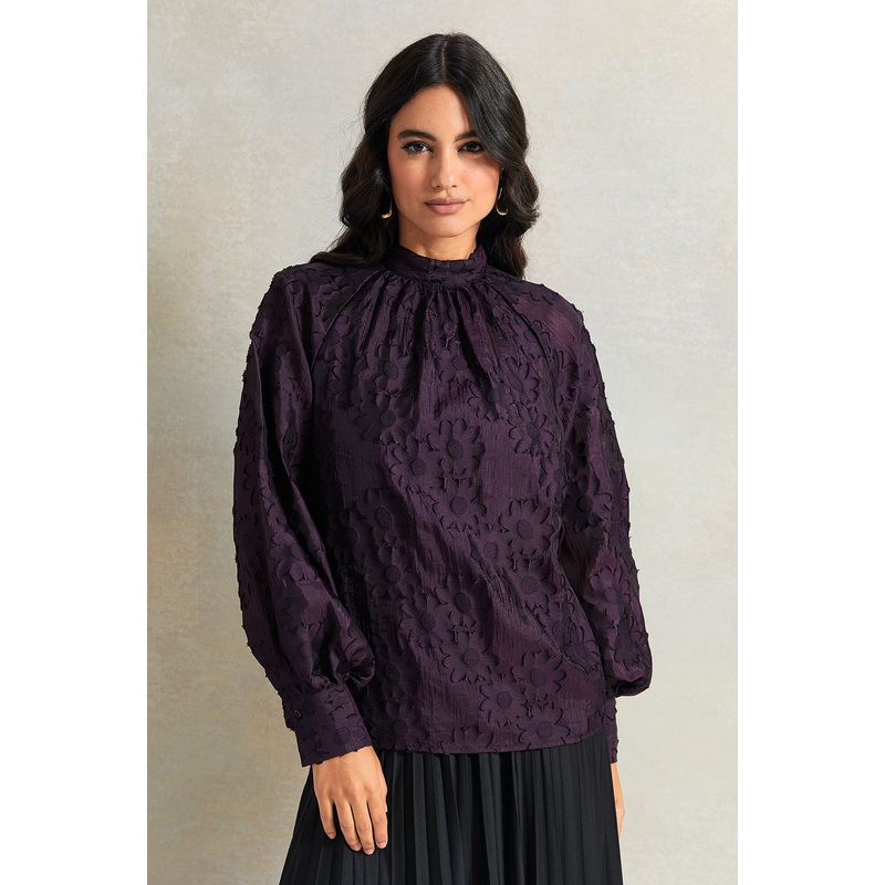 Women Purple Round Neck Jacquard Blouse