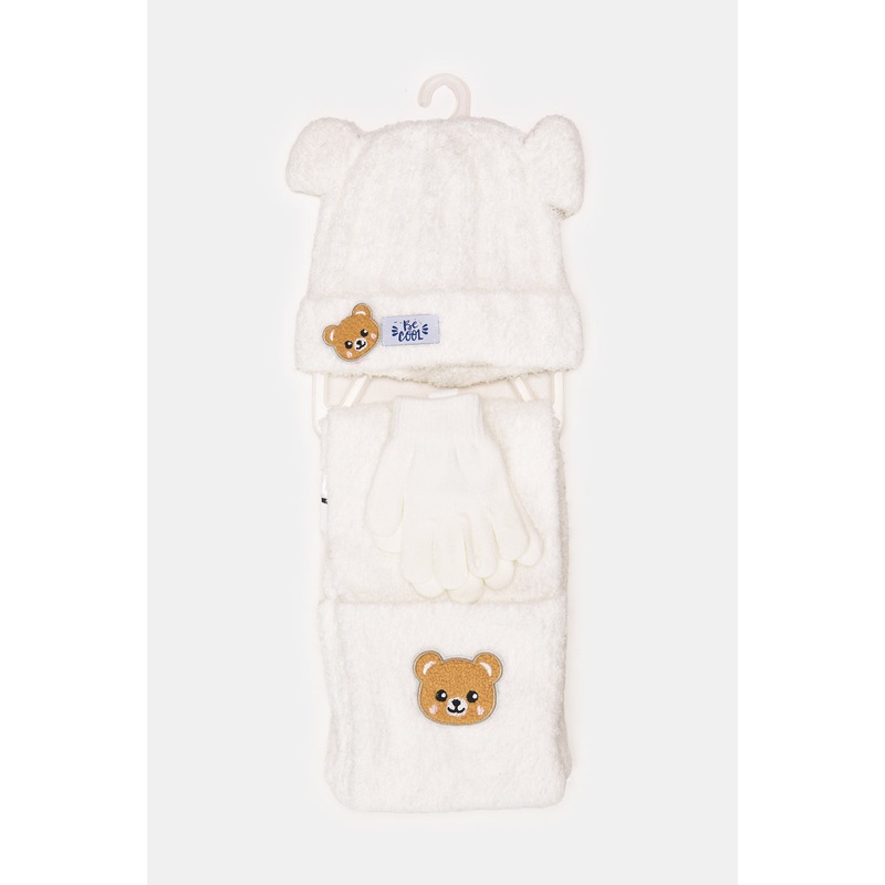 Boys White Knitted Scarf Set (3 Piece)