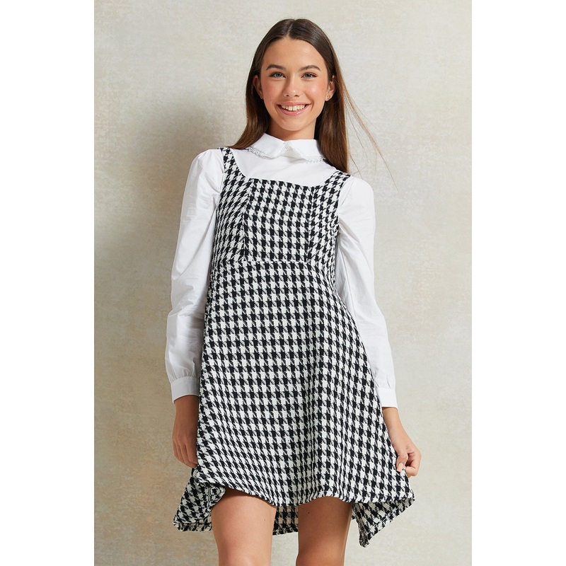 Girls Black And White  tweed Houndstooth Print Sleeveless Dress