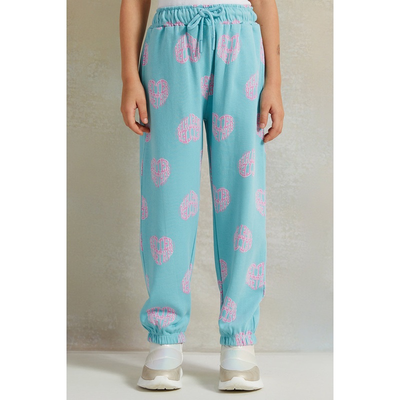 Girls Blue Heart Allover Print Track Pants