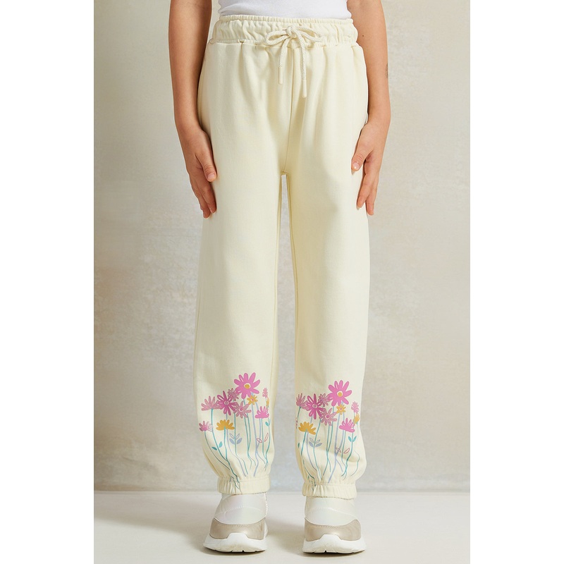 Girls Cream Flower Placement Print Track Pants