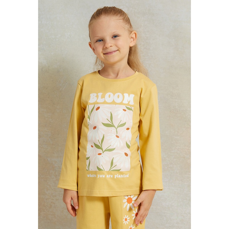 Girls Mustard Bloom Placement Print T-shirt