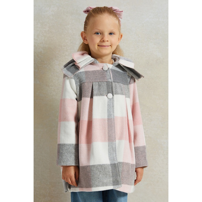 Girls Pink Checks Frill Collar Jacket