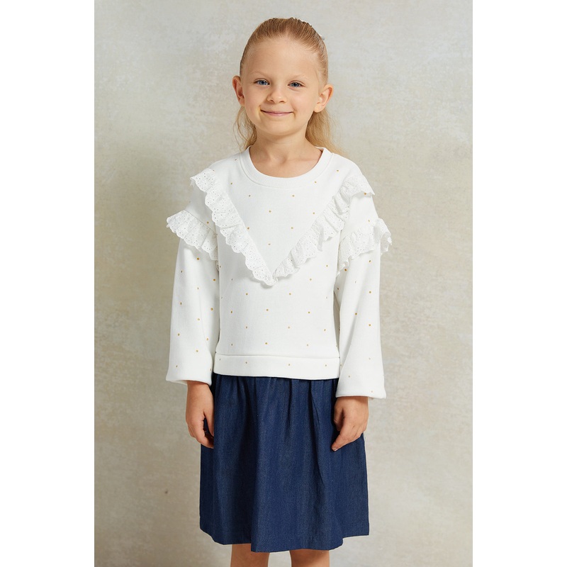 Girls White And Denim Bottom Long Sleeve Dress
