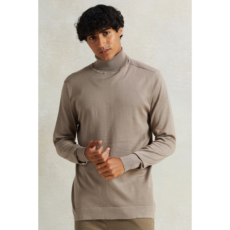 Men Beige Solid High-Neck Pullover