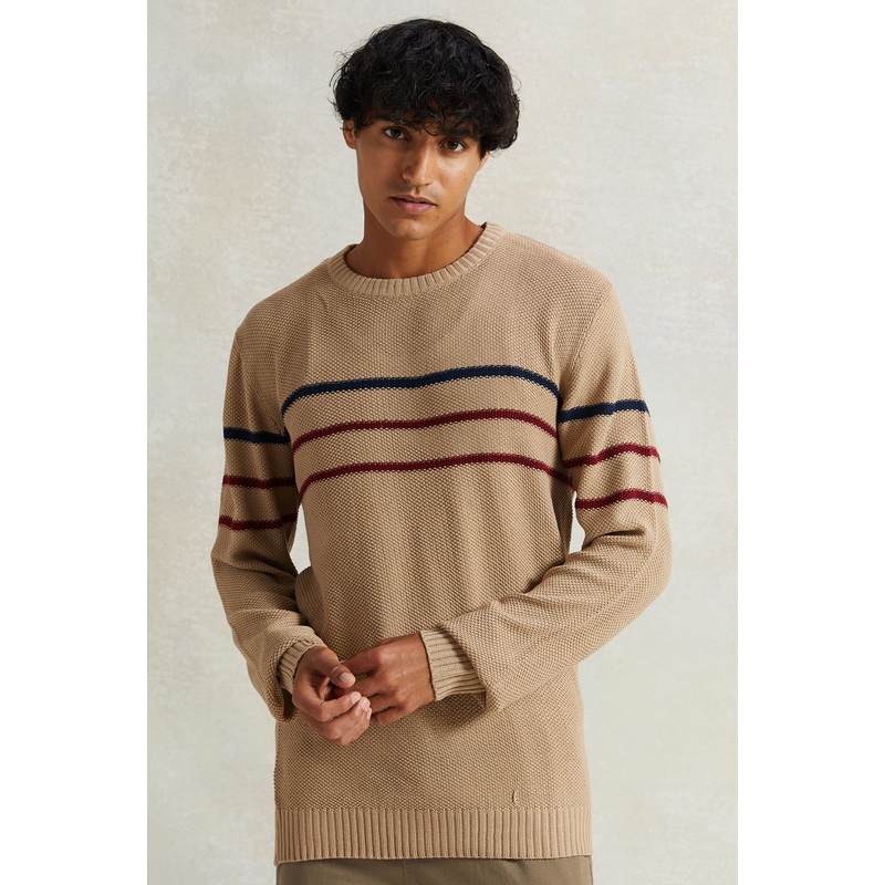Men Beige Striped Pullover|Small|Medium|Large|X-Large|XX-Large