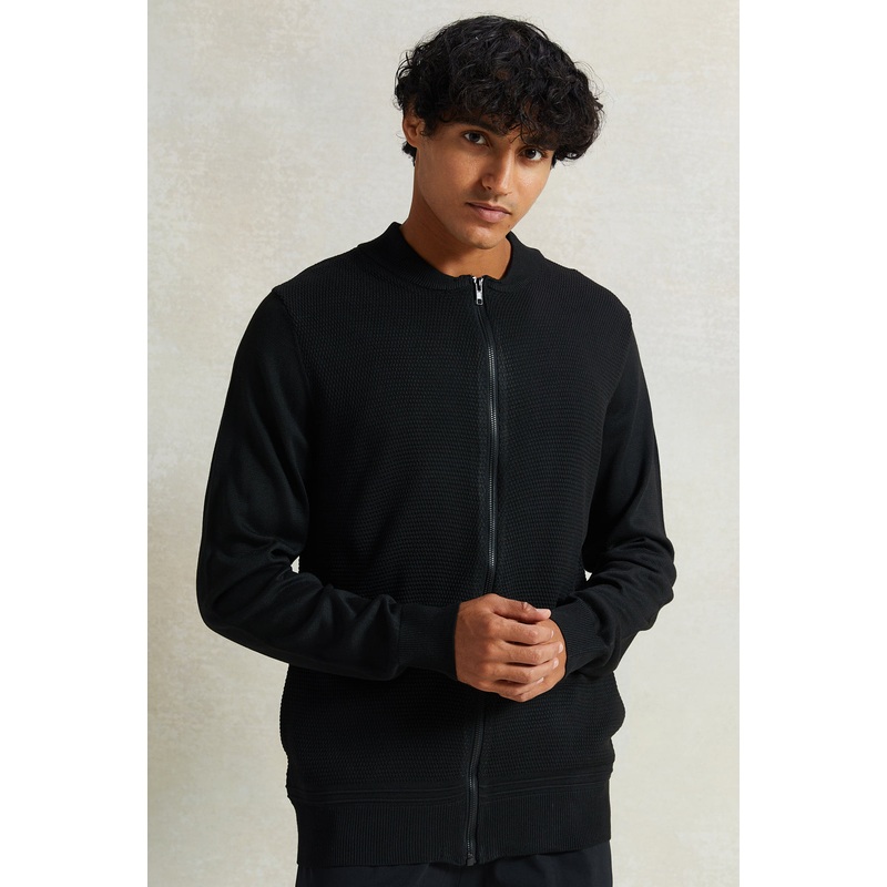 Men Black Solid Zipper Sweater