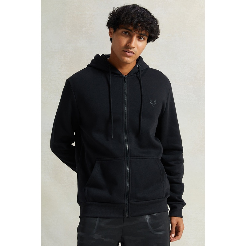 Men Black Zip Through Logo Hooded Sweatshirt