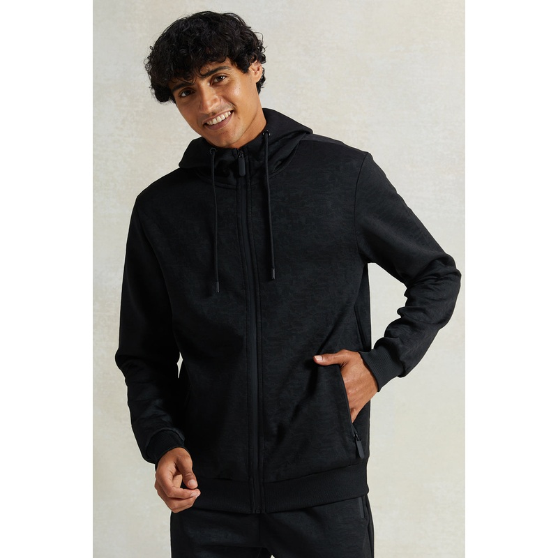 Men Black Zip Thru Hooded Sweatshirt