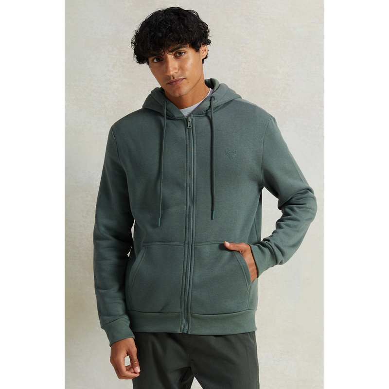 Men Green Zip Through Hooded Sweatshirt