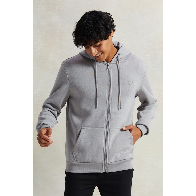 Men Grey Zip Through Logo Hooded Sweatshirt