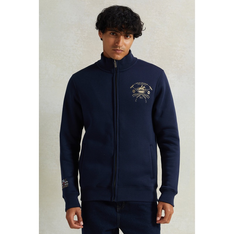 Men Navy High Neck Zip Thru Sweatshirt