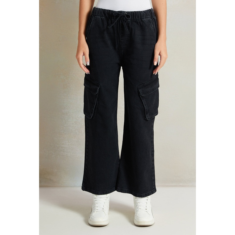 Senior  Black Wide leg Cargo Pocket Jeans