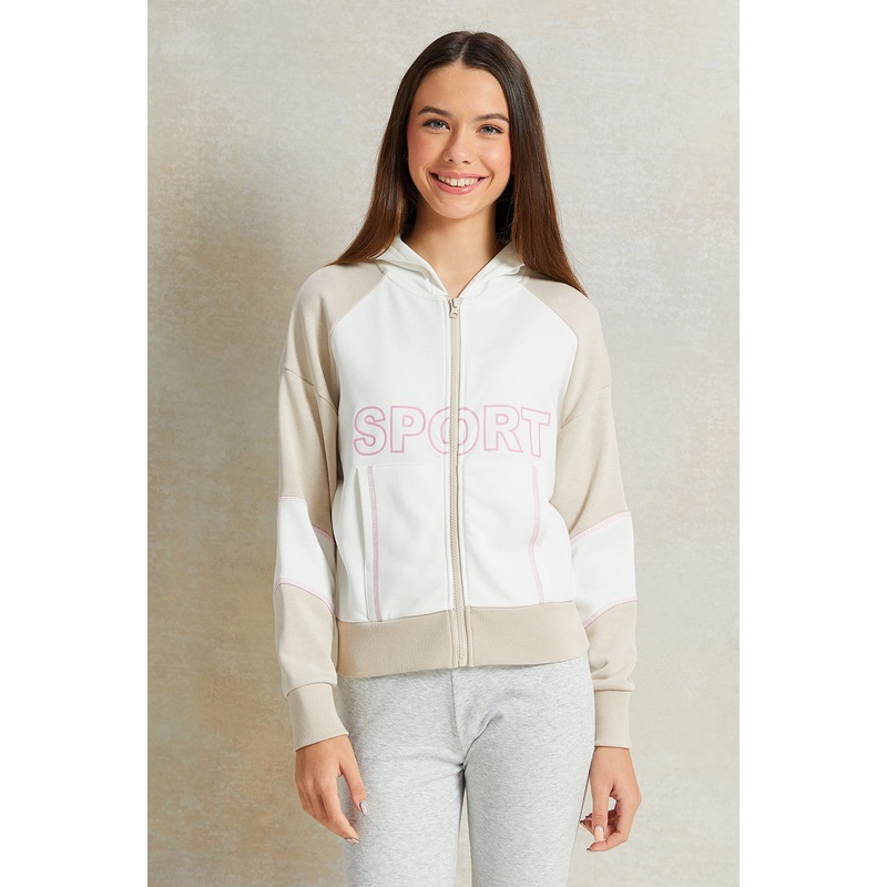 Senior Girls Colour Block  Zip-Through  Hooded Printed Sweatshirt