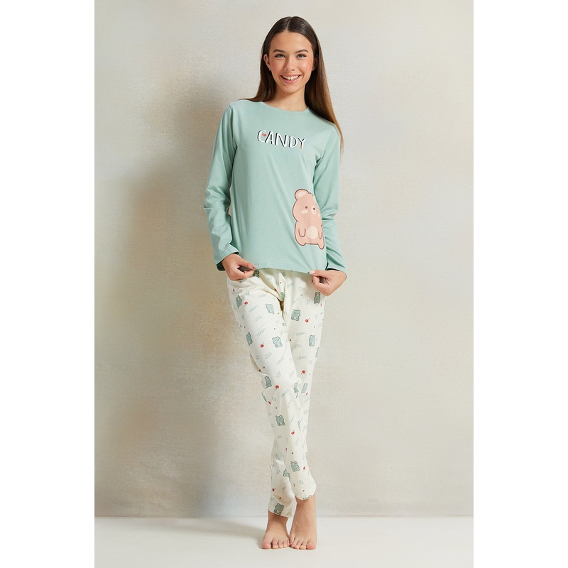 Senior Girls Green And White  Printed Pyjama Set (2 Piece)