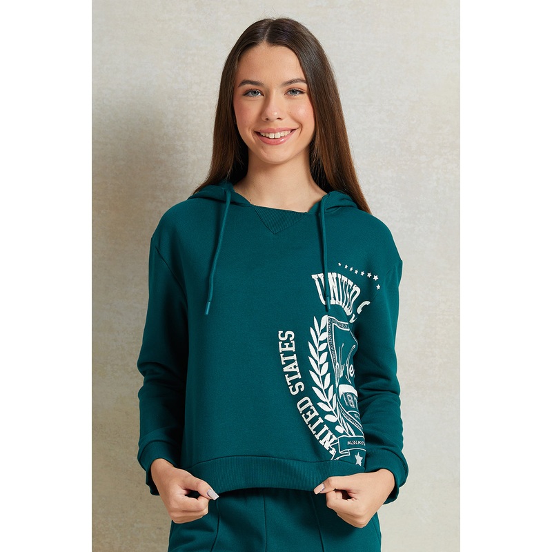 Senior Girls Green Hooded Printed Sweatshirt