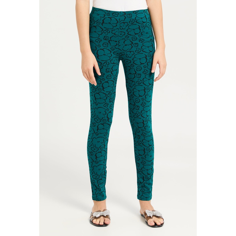 Senior Girls Green Printed Basic Leggings