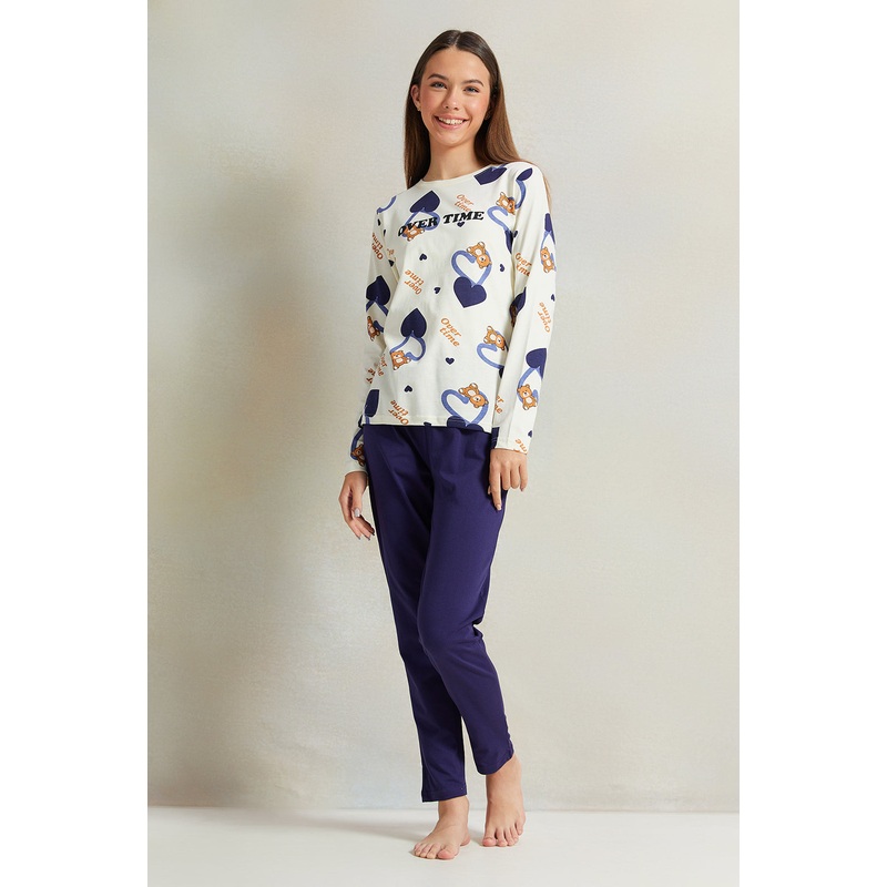 Senior Girls Navy And White  Printed Pyjama Set (2 Piece)