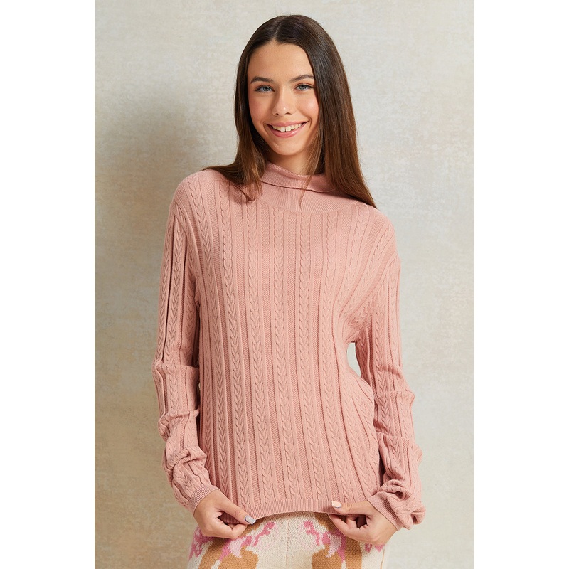 Senior Girls Pink High Neck Cable Knit Pullover