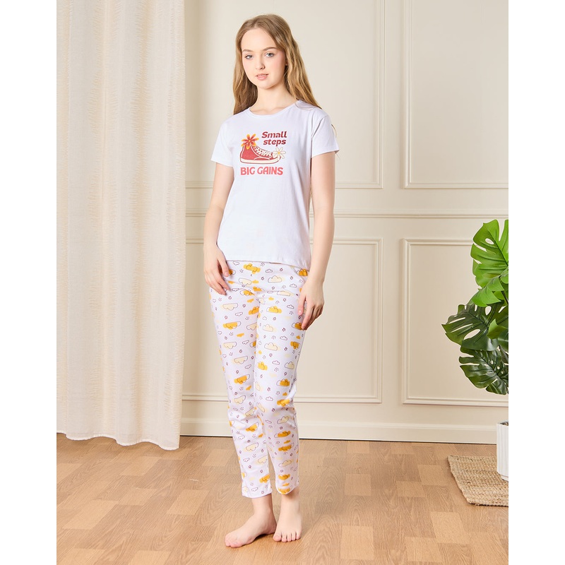 Senior Girls White  Printed Pyjama Set (2 Piece)