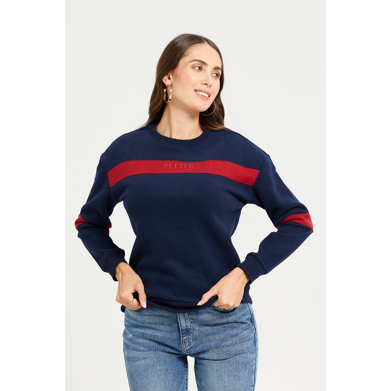 Women Navy Long Sleeves Sweatshirt