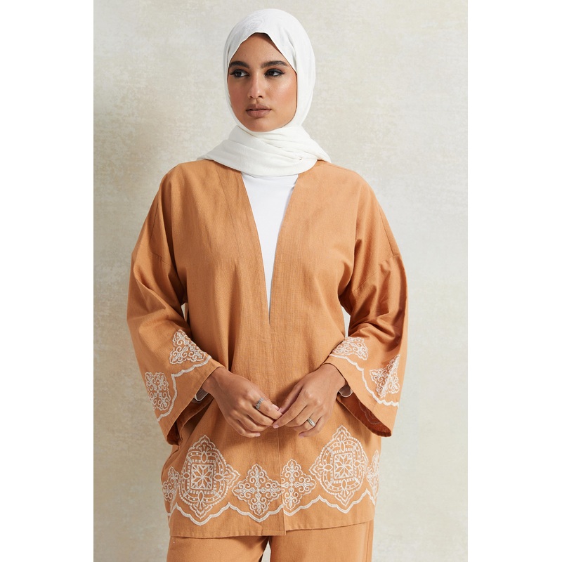 Women Tan Embroidered front Open Kimono
